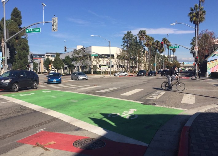 The project includes several bike boxes to facilitate cyclist turns. This one - on eastbound Washington Boulevard at Robertson Boulevard - facilitates cyclsts left turns to reach the bike hub at the Culver City E Line station.