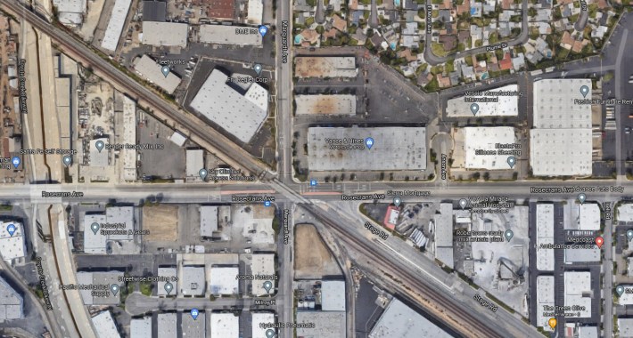 Current aerial of the intersection of Rosecrans and Marquardt Avenues - via Google Maps