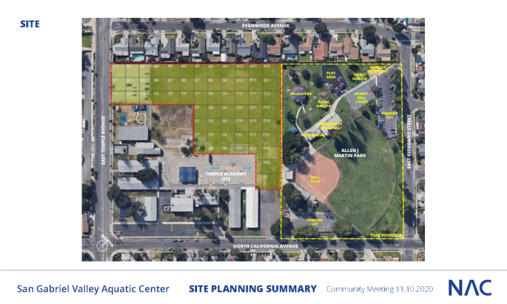 Shaded in yellow is the site of the future San Gabriel Valley Aquatic Center.Image: NAC Architecture