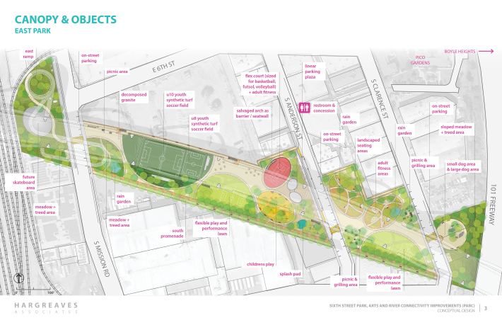 Map of future park to be located under the 6th Street Bridge - spiral ramp is in upper leftl. Map via project website
