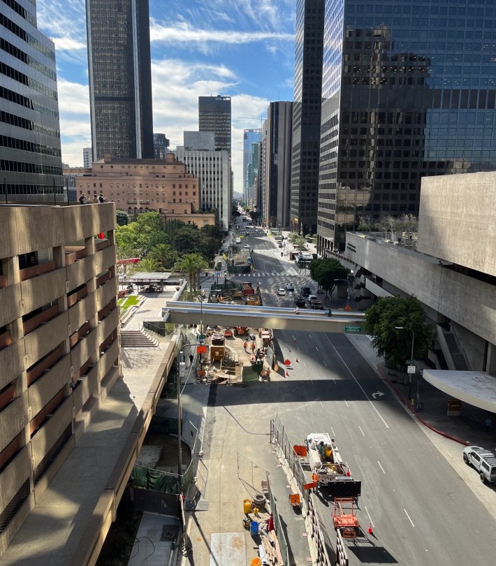 View of current Regional Connector construction along on Flower Street