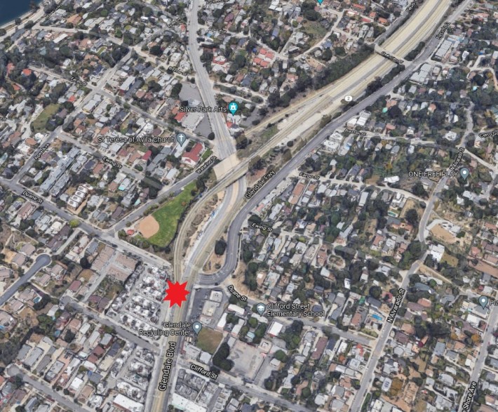 Site of the hit-and-run crash - where the 2 Freeway dumps high-speed traffic onto Glendale Boulevard in Echo Park - base image via Google Maps