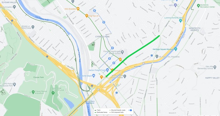 Map of new bike lanes on North Figueroa Street in Northeast Los Angeles - base via Google Maps