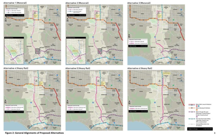 Metro is currently focused on these six alternatives for Sepulveda transit. See The Source for larger images of each alternative.