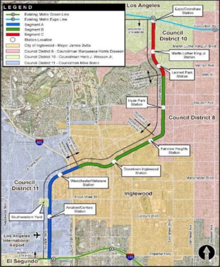 Metro map showing Crenshaw/LAX line segments