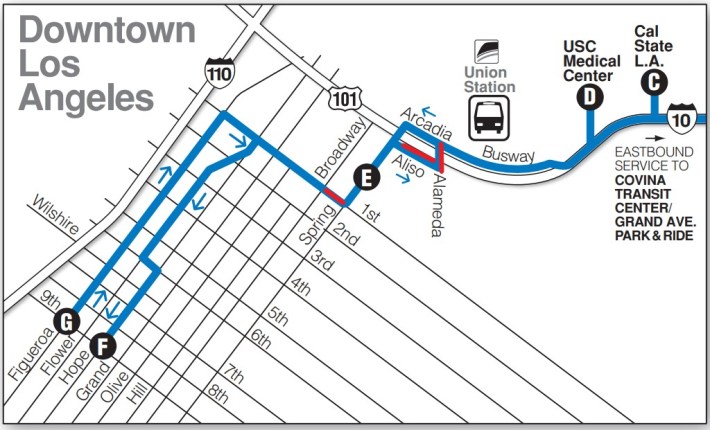 Map of new red-pavement bus lane markings - on Foothill Transit Silver Streak base map