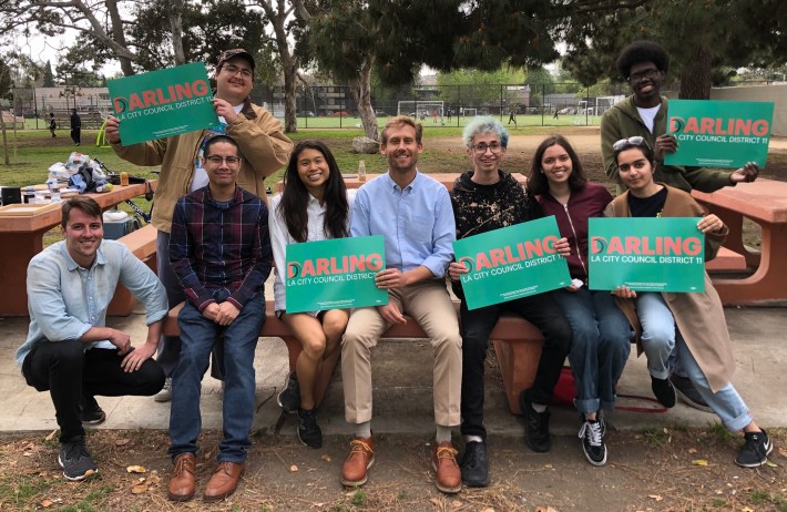 Darling (center) with members of "Gen Z for Darling" at Mar Vista Park.