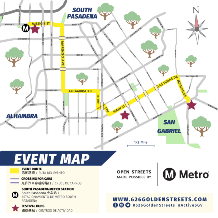 This year's 626 Golden Streets event returns its 5-mile Mission to Mission route which starts at Mission Street in South Pasadena and ends at the San Gabriel Mission in the City of San Gabriel. Image: Active SGV