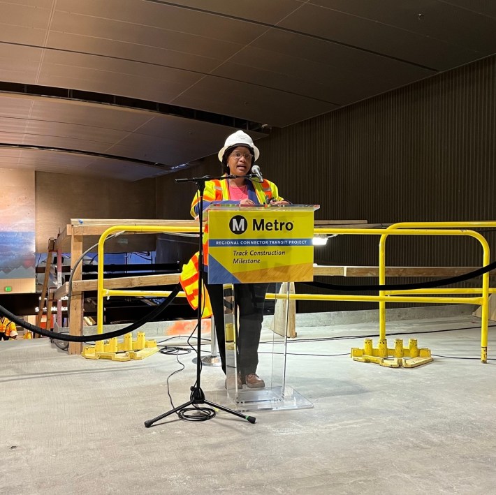 Metro CEO Stephanie Wiggins touting the benefits of the new Regional Connector subway