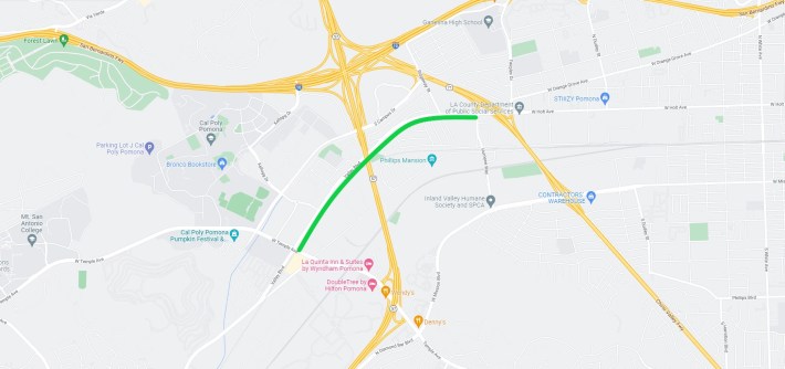 Map of Pomona's Valley Blvd protected bikeway - base via Google