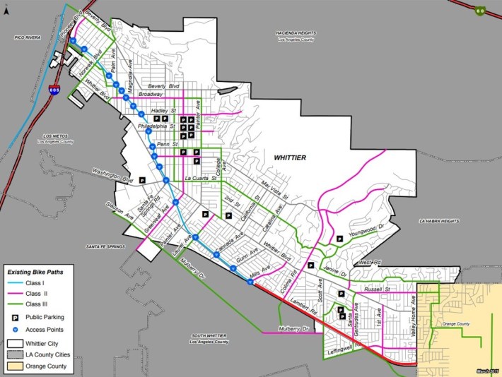 Whittier Greenway Trail map - existing path in blue, new extension in red