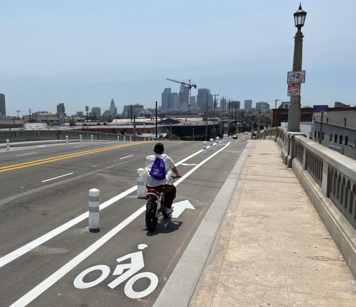 New plastic-bollard-protected bike lanes on the N. Spring Street Viaduct