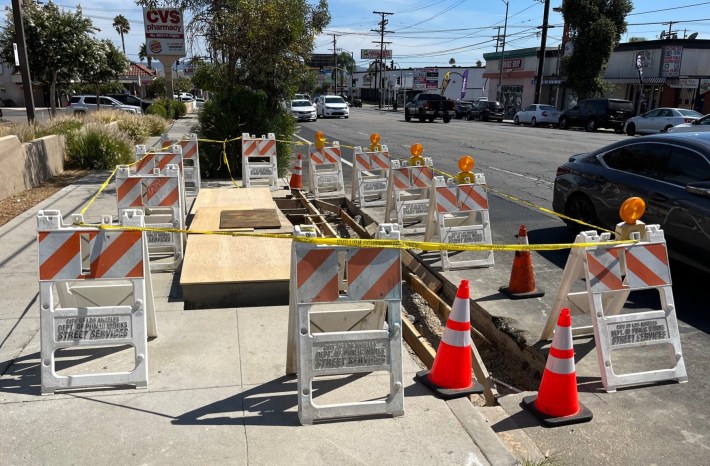 The Reseda Boulevard project includes 13 new bioswale rain garden planters - including this one under construction near Chase Street.