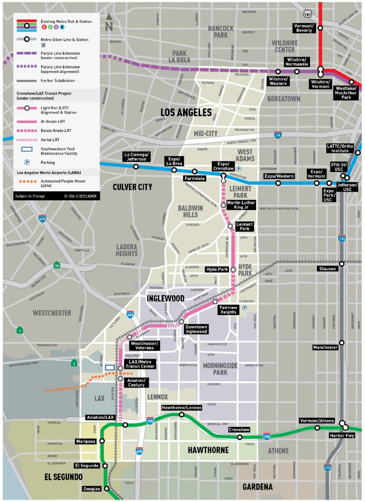 Metro map of the K (Crenshaw/LAX) Line, opening next month