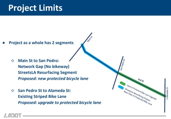 New protected and newly protected bike lane coming to 3rd Street. Image via LADOT