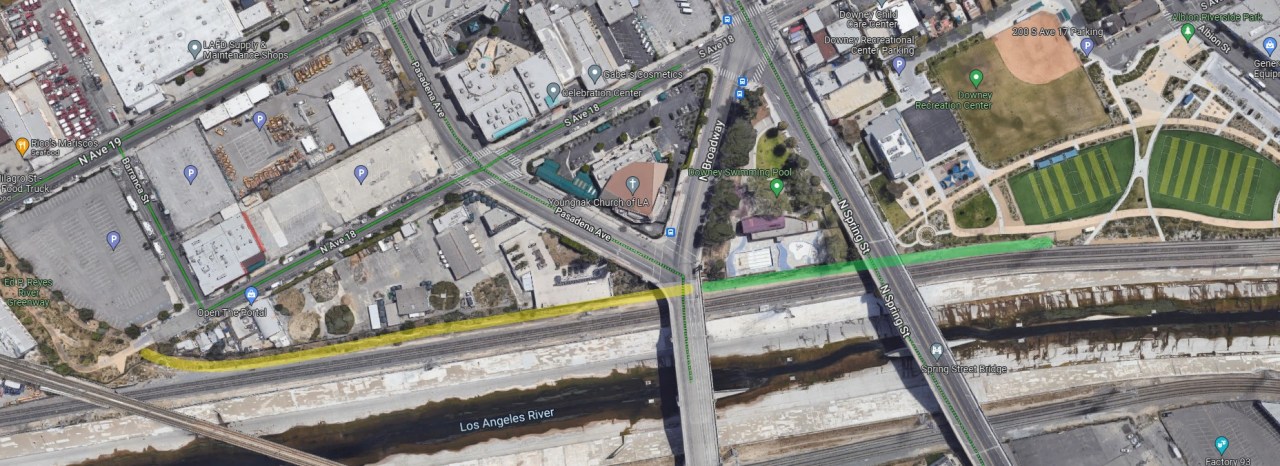 The city purchased the green right-of-way as part of Albion Riverside Park, but never developed it. It may be possible to use the site to thread a section of River path from Ed Reyes Park to Albion park.