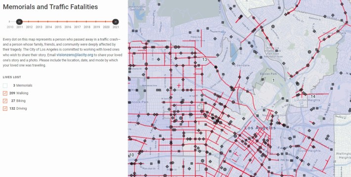 CD1 Vision Zero map - via LADOT website. Red line streets are the city's High Injury Network, where a disproportionate number of traffic deaths take place. Black squares represent pedestrians killed in traffic crashes from 2021-2021