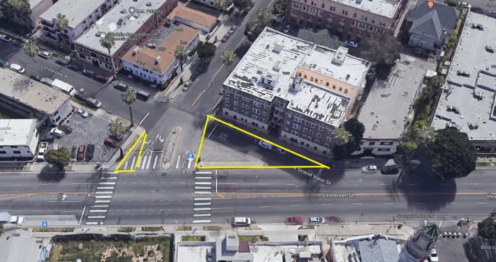 Leftover triangular space where xxx meets Hoover. Yellow triangle areas could be walk plazas.