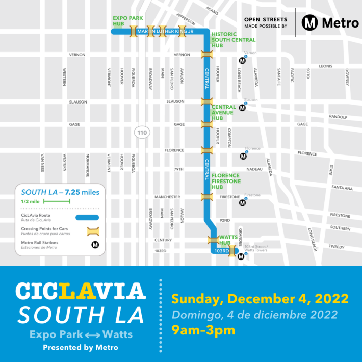 Route map for the December 4, 2022, CicLAvia festival through South L.A.