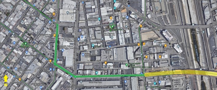 New 6th Street bike lanes (green) connect to the recently opened Sixth Street Viaduct (yellow)