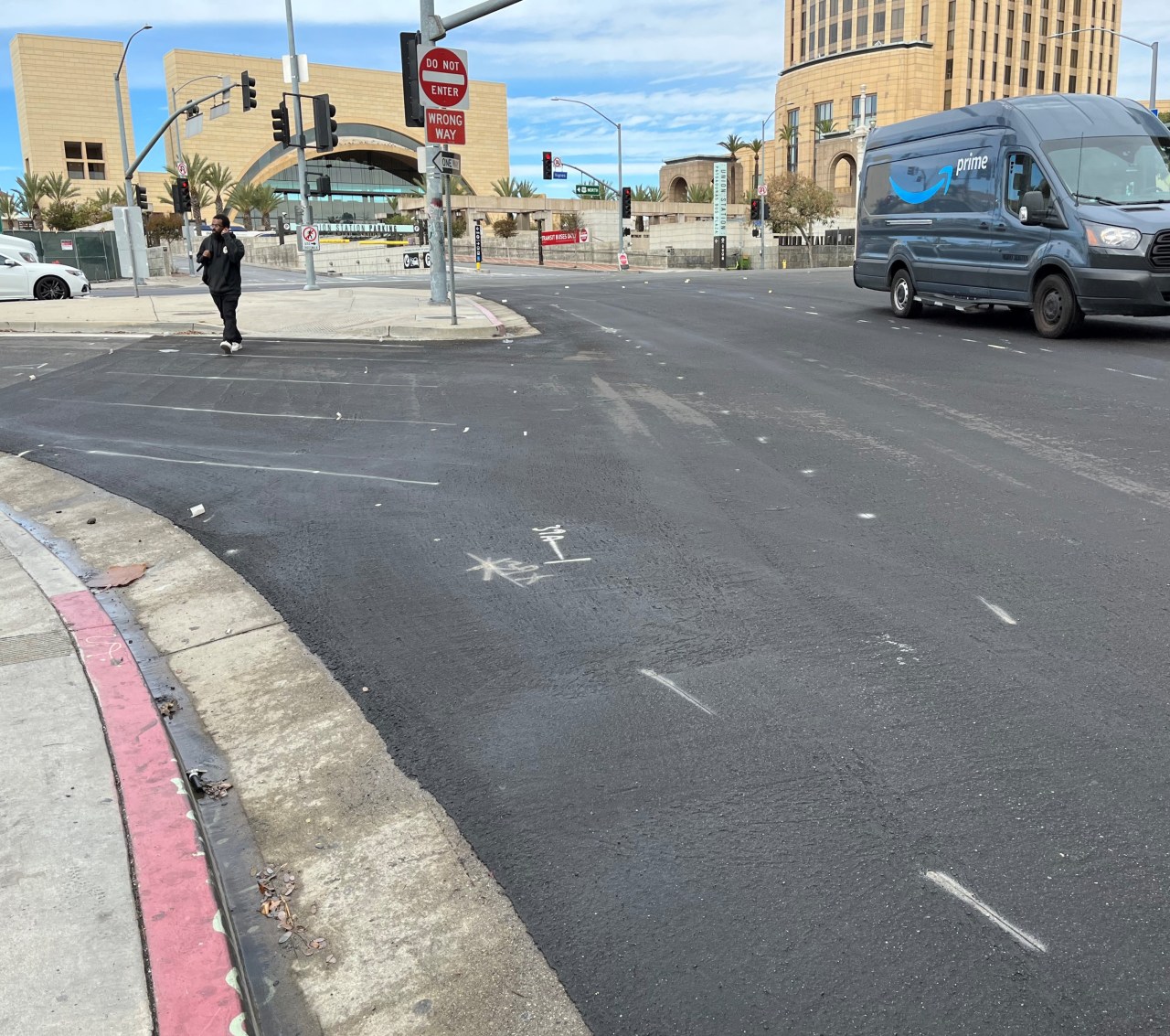 Preliminary bike lane markings on Ramirez Street, directly behind Union Station