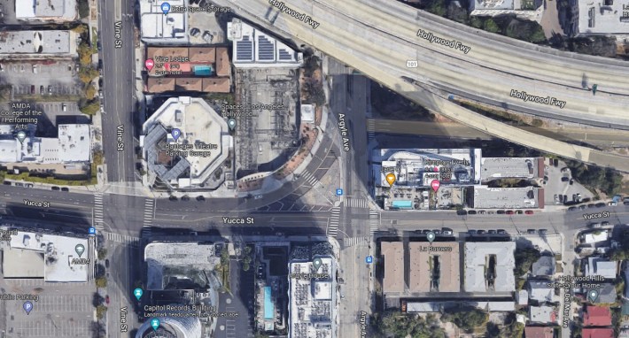 Argyle / Yucca slip lane, one block north of the Hollywood/Vine Metro station - via Google Maps