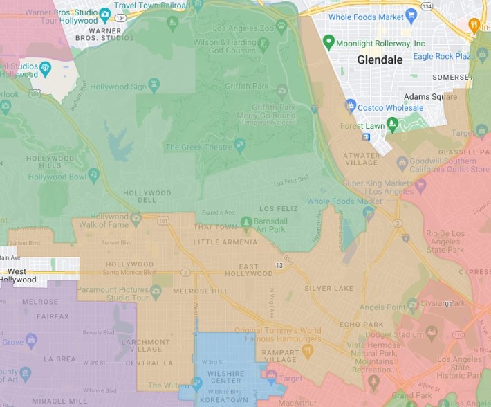 L.A. City Council District 5 (purple) is located on the westside of L.A., bordering Culver City, West Hollywood, and Beverly Hills. See citywide council districts map via LAist