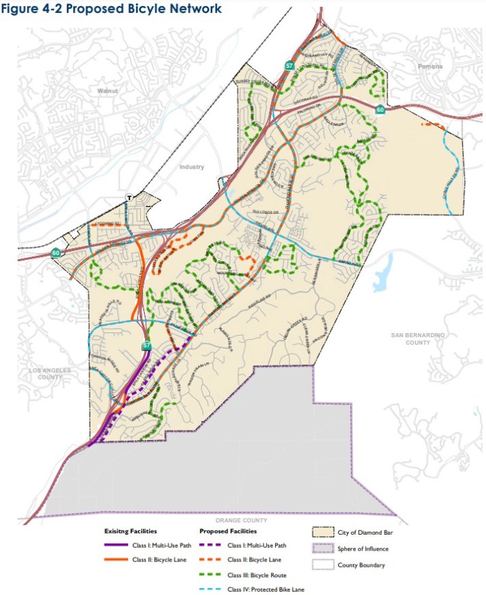 Diamond Bar's approved circulation plan bikeway map - via Diamond Bar 2040 Circulation chapter