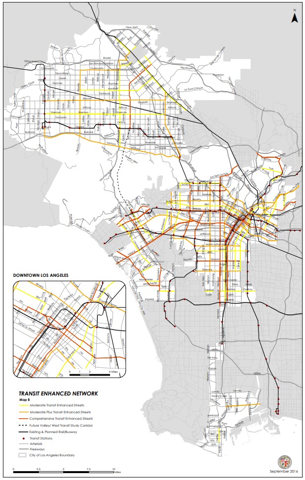 Mobility Plan 2035 map of a modest network of approved bus lanes (in red). Via MP2035