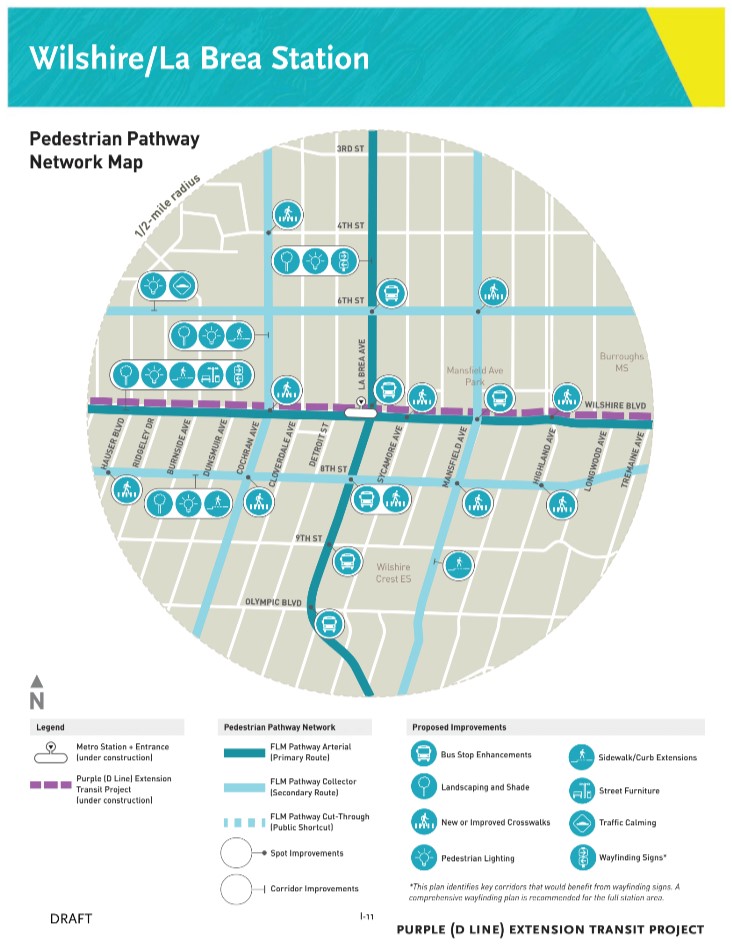Map of Metro's plan for first/last mile walking connections to the under-construction Wilshire/La Brea subway station - via Metro plan