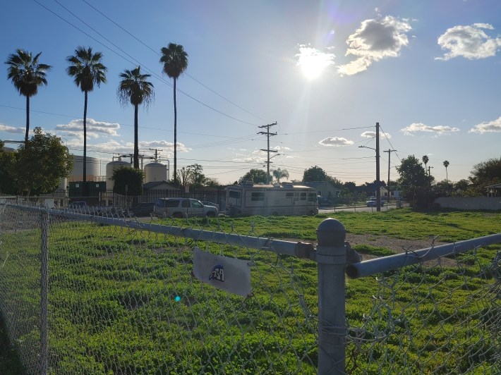 The future site of the Maine Ave Mini-Park in Baldwin Park. The neighborhood is a mix of residential and industrial lots. Credit: Chris Greenspon/SBLA