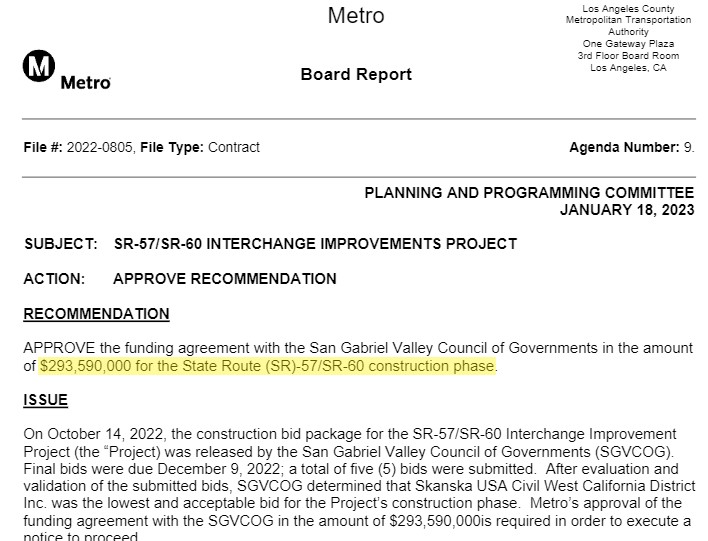 Last Friday, Metro staff recommended approving $294 million for widening the 57/60 Freeways confluence - via Metro staff report