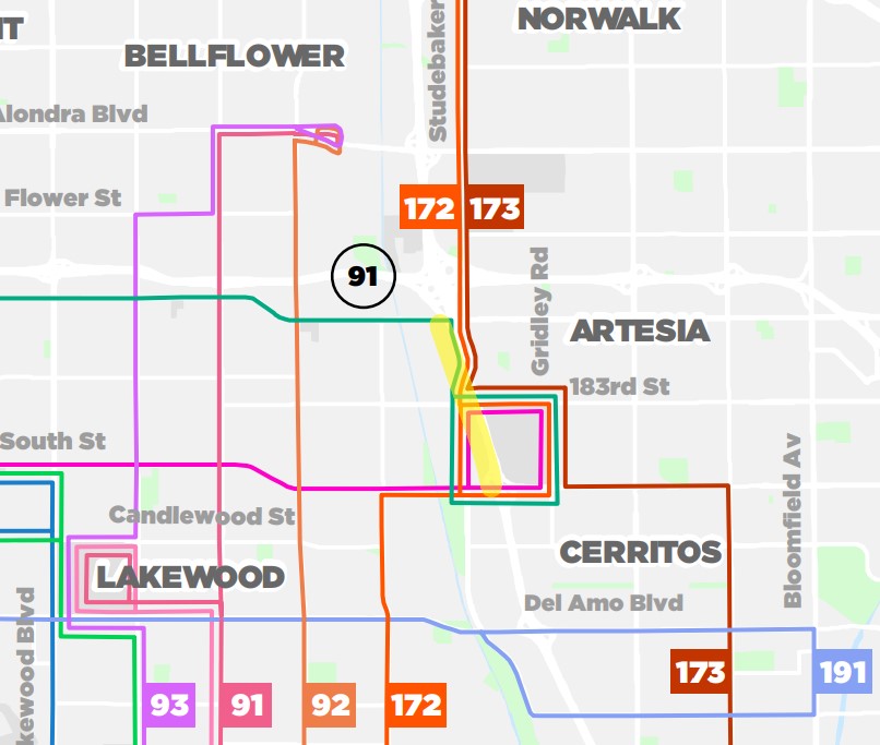 Long Beach Transit route map detail with 605/South Street project area in yellow