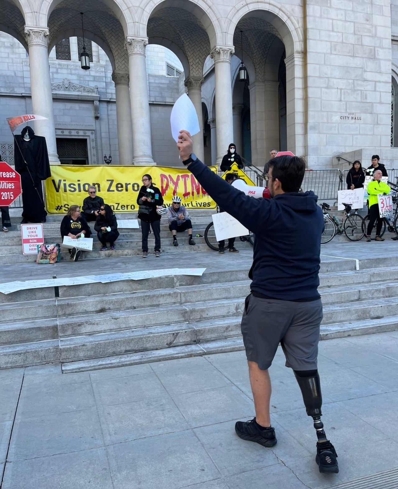 One of the main organizers behind rally (and recent report) is Damien Keavitt who lost his leg to a car crash, while he was bicycling in Griffith Park