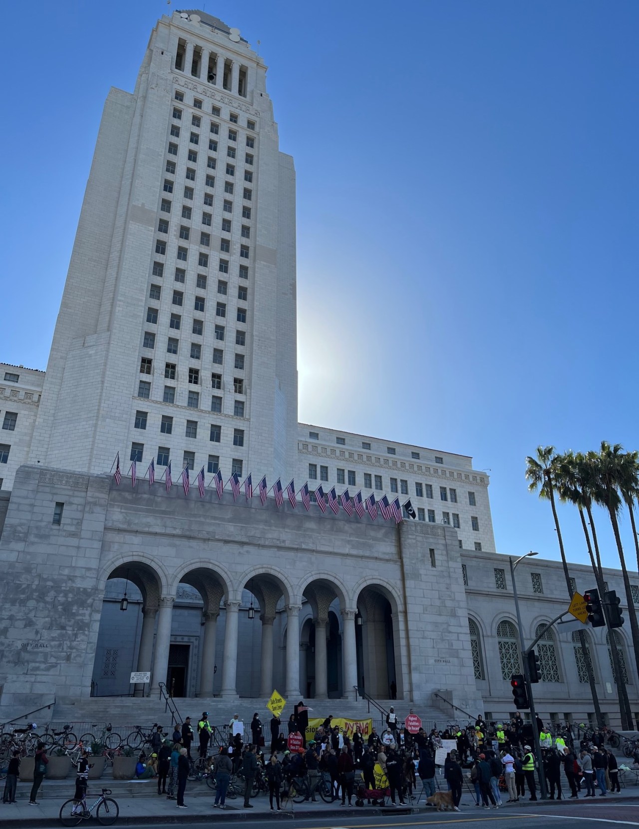 The die-in protest took place on the Spring Street steps to L.A. City Hall