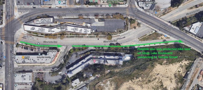 Possible one-way protected bike lane connecting from Silver Lake Boulevard onto Temple Street