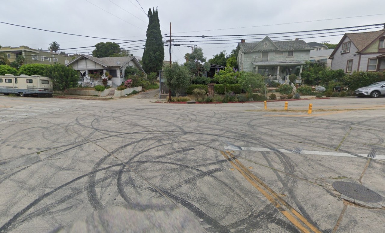 Evidence of dangerous illegal street racing in Angeleno Heights - via Google Street View