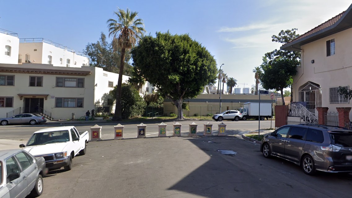 Traffic diverter on Hoover Street at 12th Street in Pico Union - via Google Street View