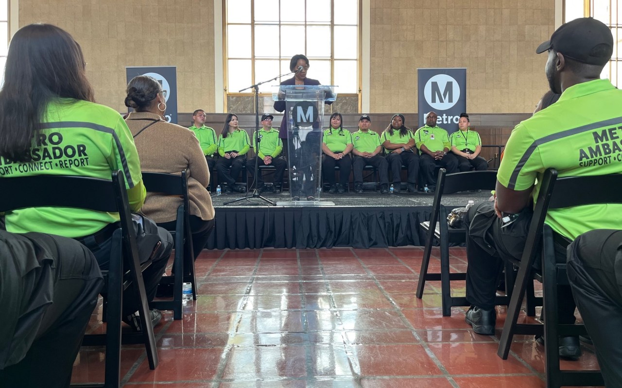 Metro CEO Stephanie Wiggins speaking at this morning's ambassador launch at Union Station