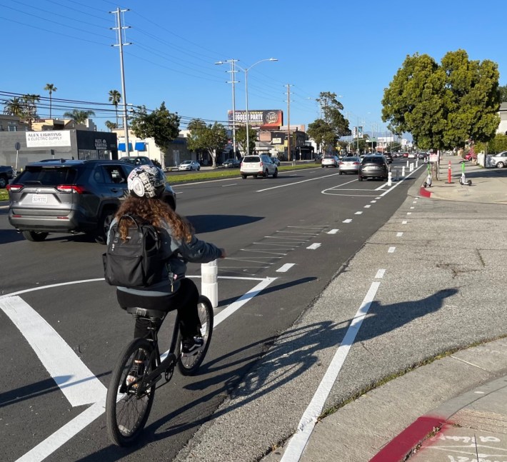 Newly parking-protected bike lane on Venice Boulevard