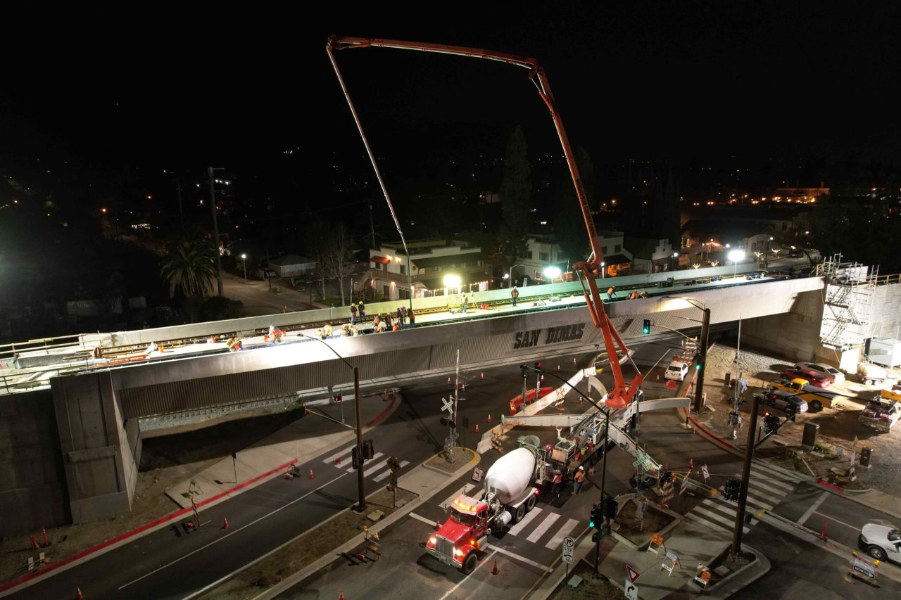 Crews completing nighttime concrete pours for the light rail tracks on the Bonita Ave. & Cataract Ave. light rail bridge in San Dimas. Courtesy of Foothill Goldline Construction Authority