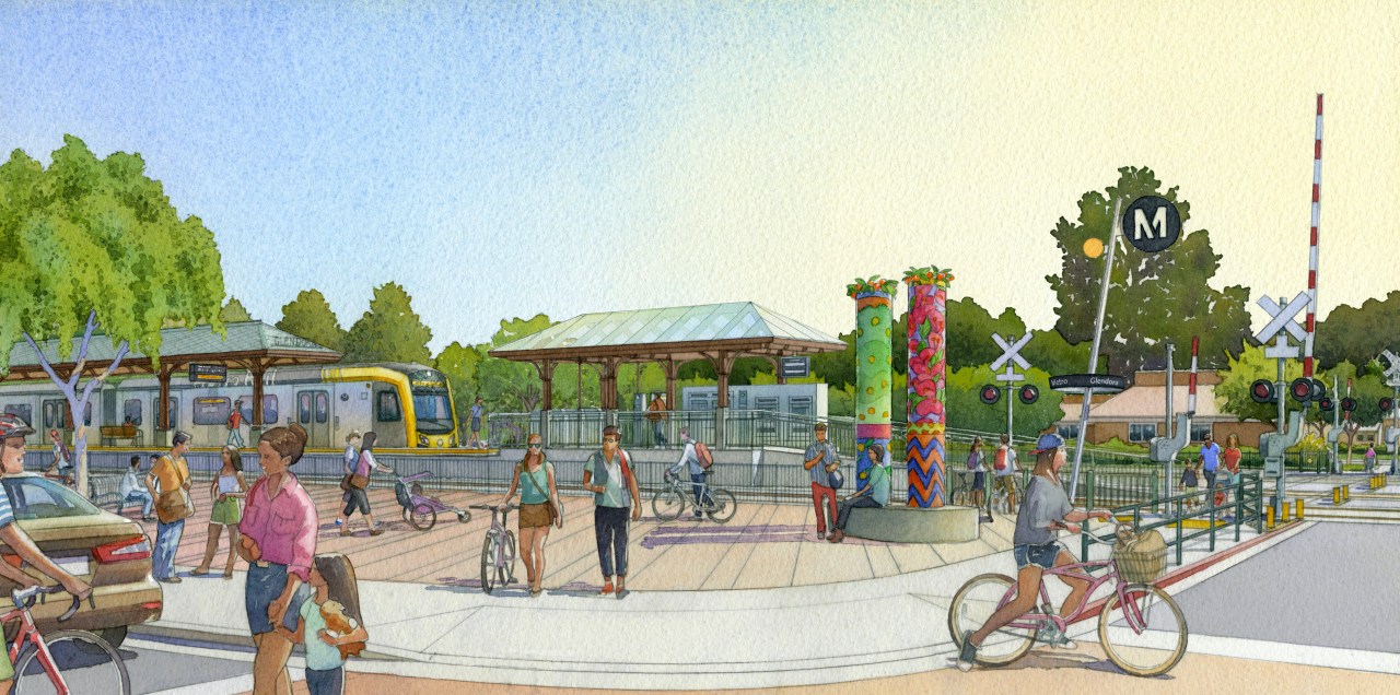 An artist's rendering of the future light rail station in Pomona. Courtesy of Foothill Goldline Construction Authority