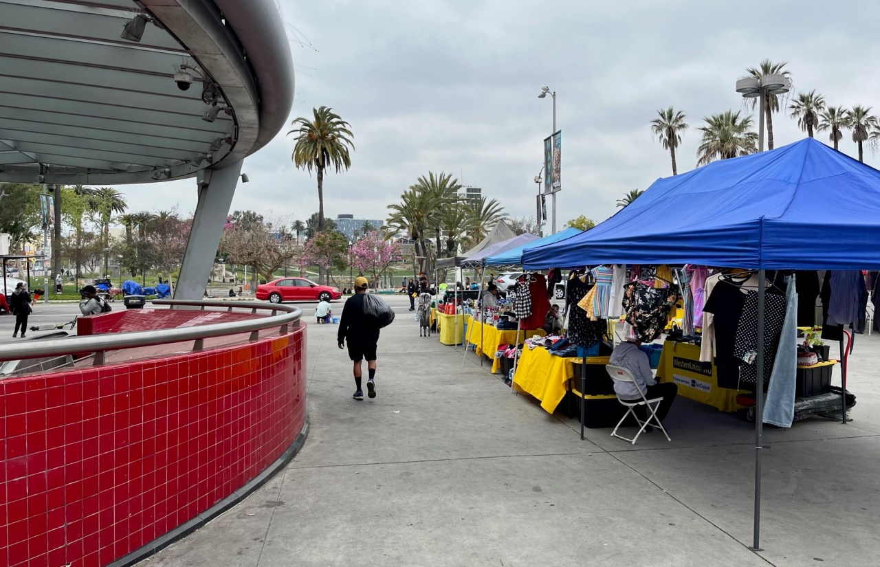 Street vendors working along the MacArthur Park Station entrance this month