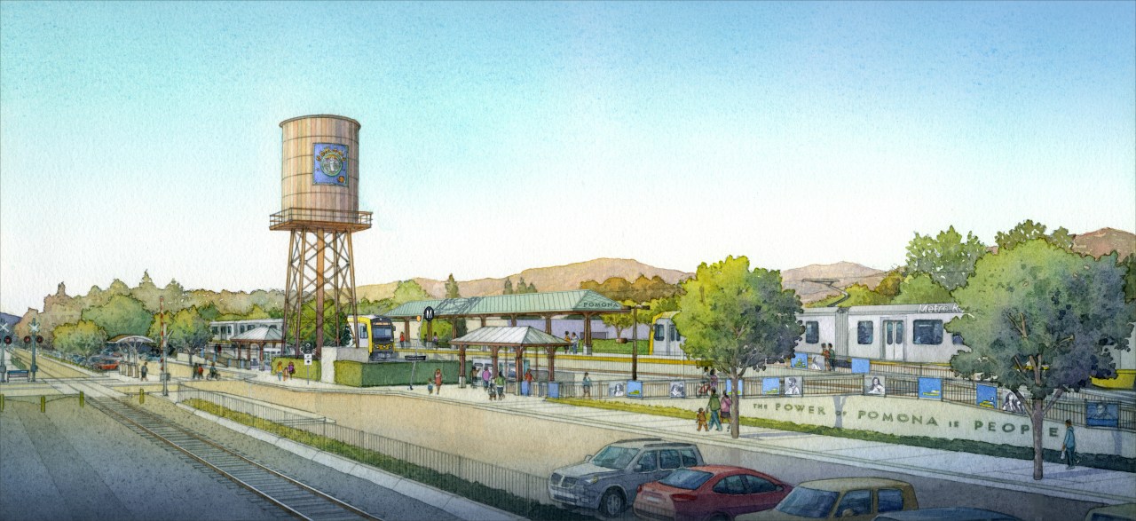 An artist's rendering of the future light rail station in Pomona. Courtesy of Foothill Goldline Construction Authority