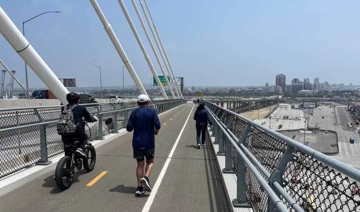 The Bixby Memorial Bicycle-Pedestrian Path on the LB International Gateway Bridge, facing east toward downtown Long Beach